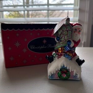 Christopher Radko Santa on Chimney Glass Ornament with Green, Red and White